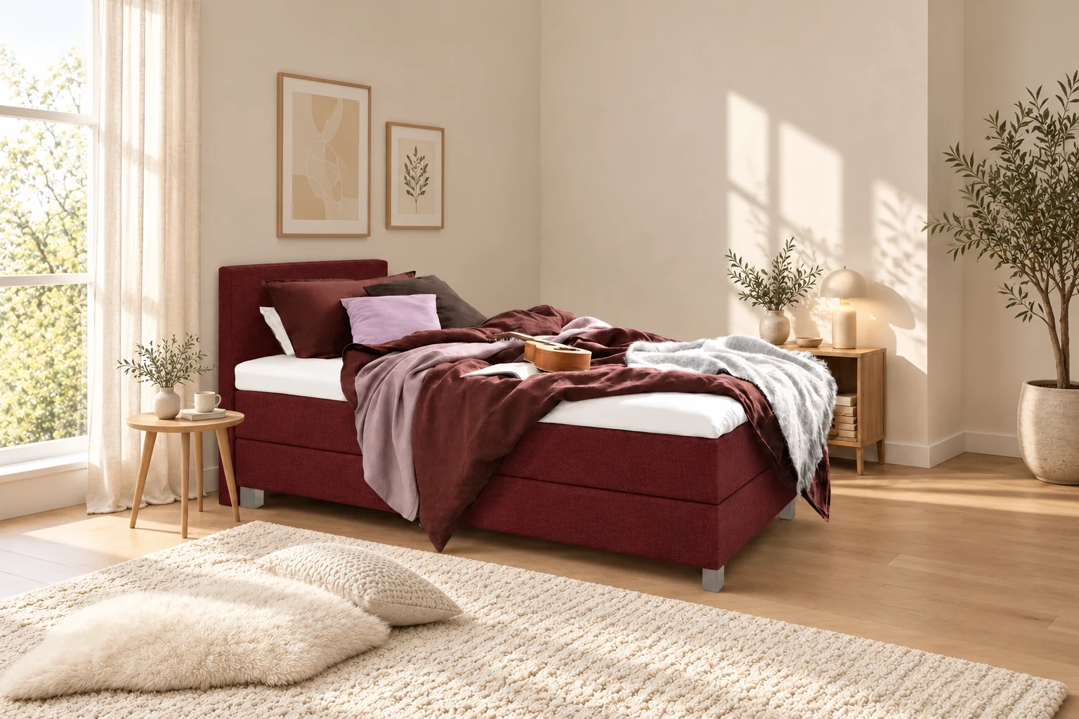 Eenpersoons boxspring Zwanenburg in bordeauxrode stof
