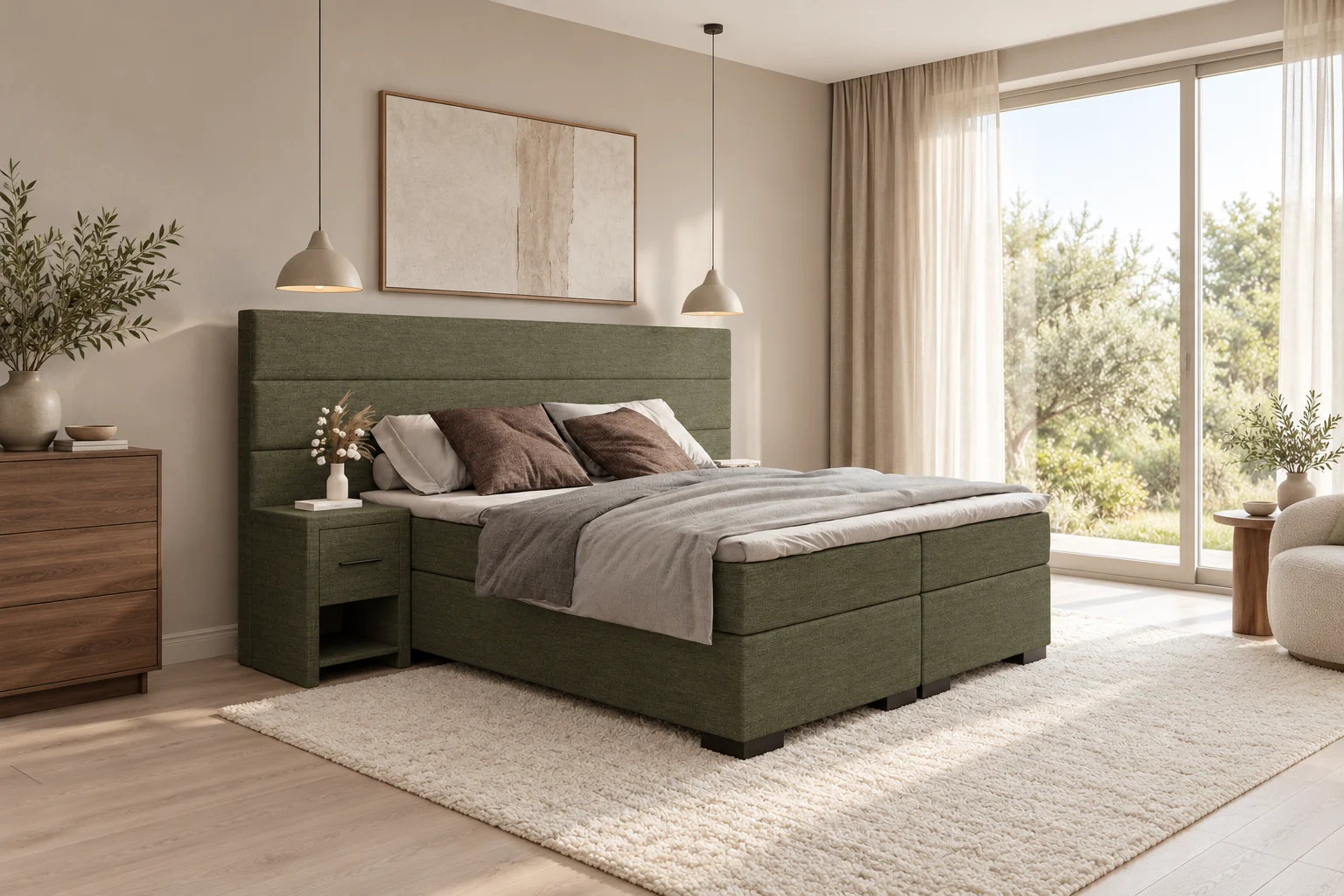Vaste boxspring Amsterdam in olijfgroene stof