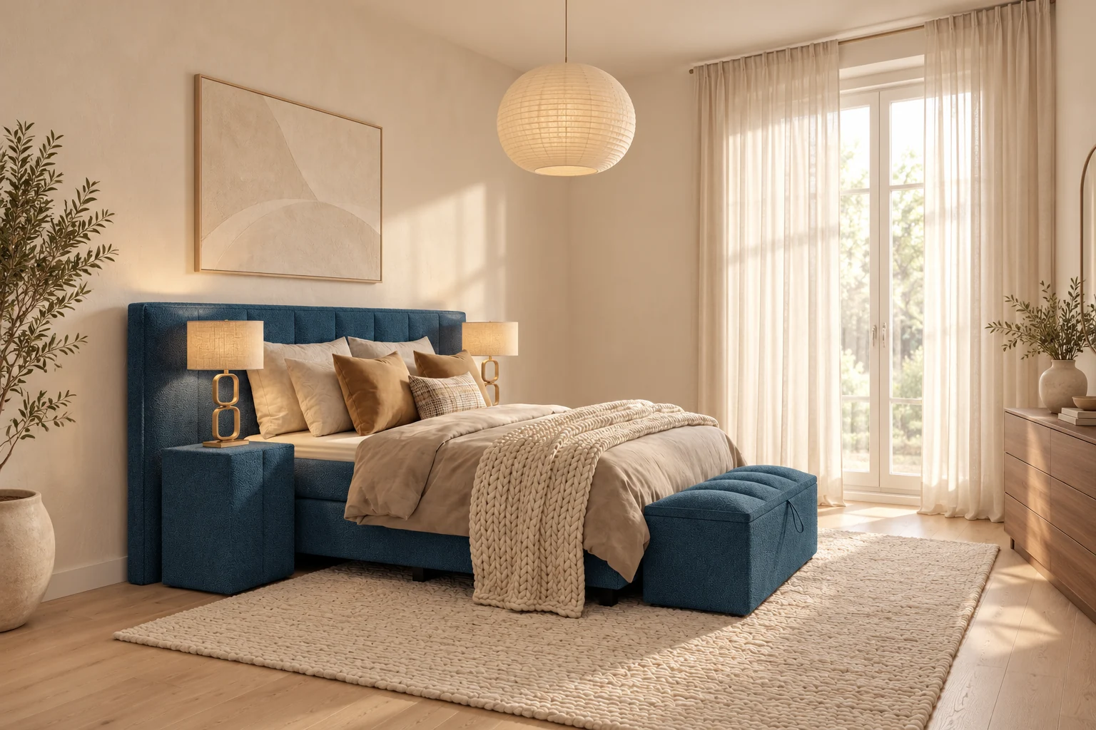 Vaste boxspring Delden in petrolblauwe stof