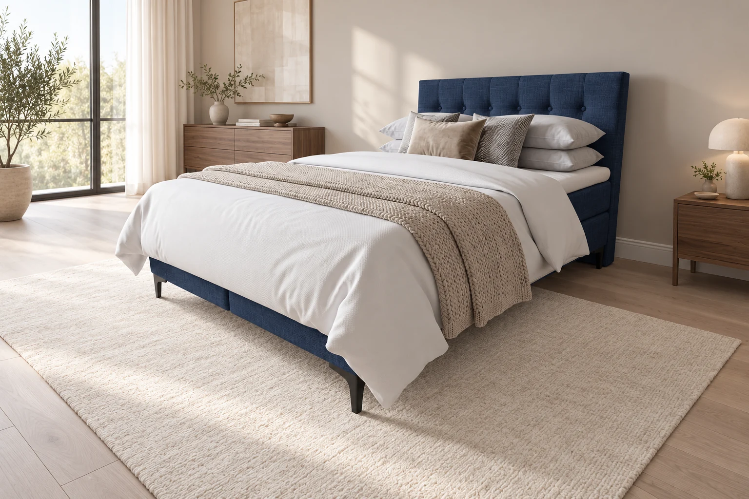 Vaste boxspring Den Haag in marineblauwe stof