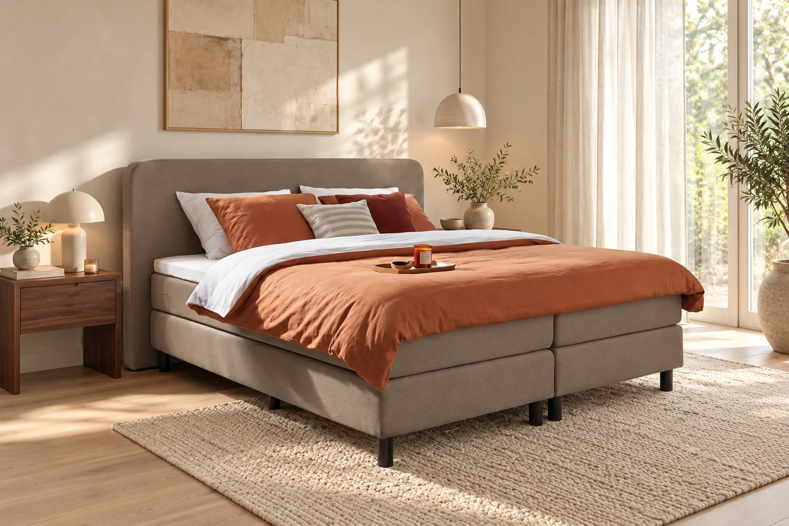 Vaste boxspring Duiven in taupekleurige stof