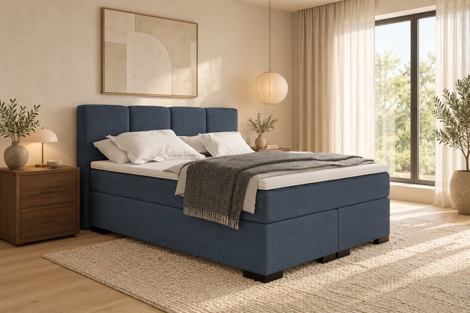 Vaste boxspring Houten in leiblauwe stof