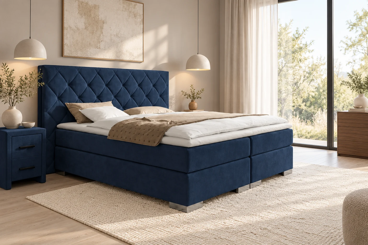 Vaste boxspring Lisse in donkerblauwe stof