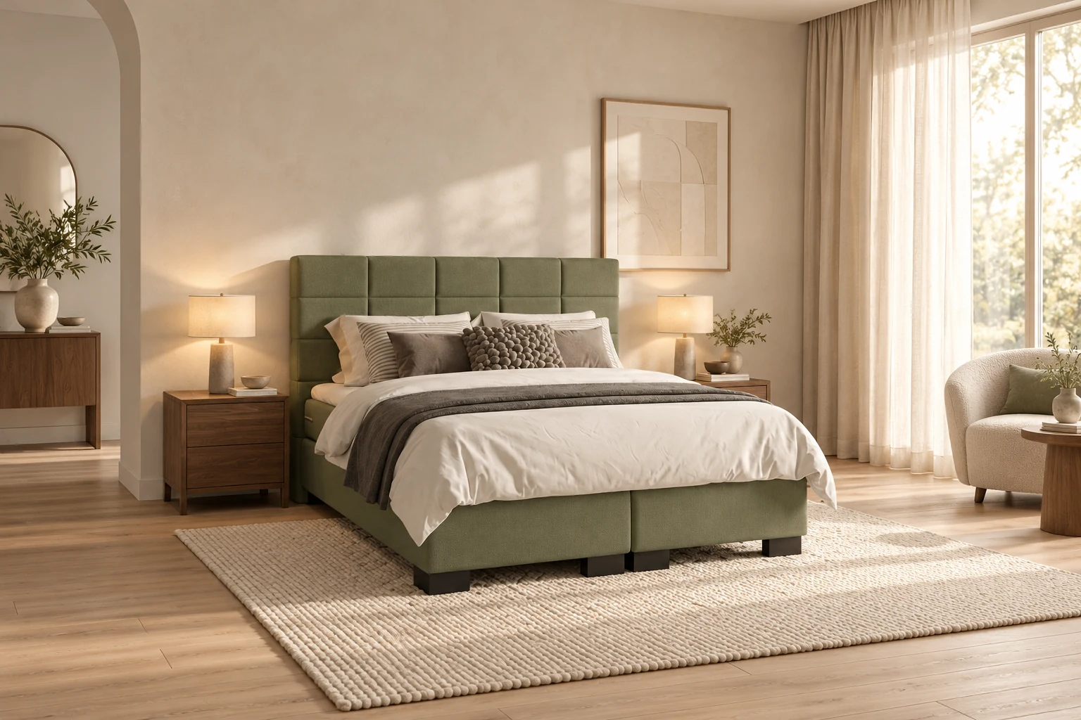 Vaste boxspring Loenen in olijfgroene stof