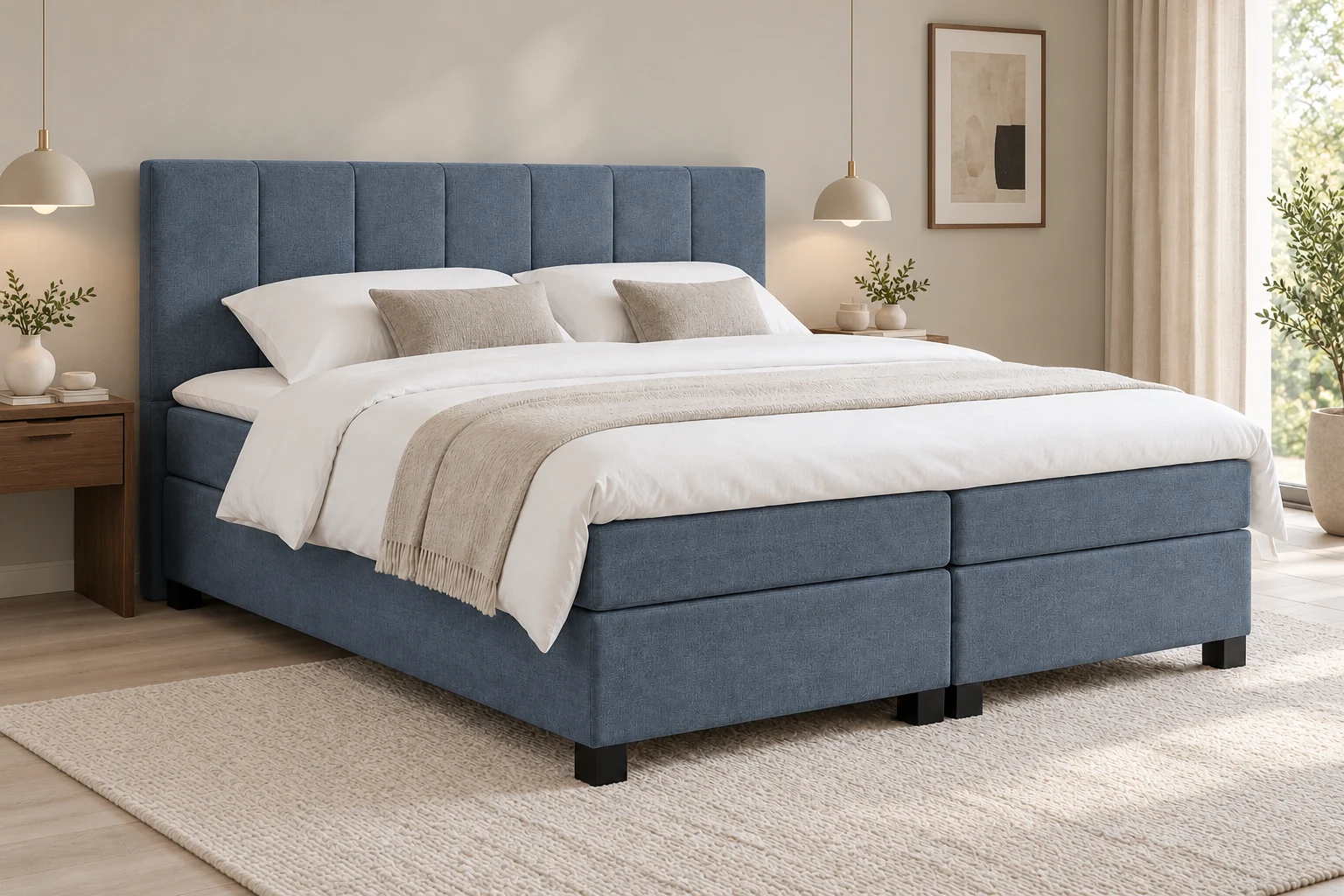 Vaste boxspring Wormerveer in leisteenblauwe stof