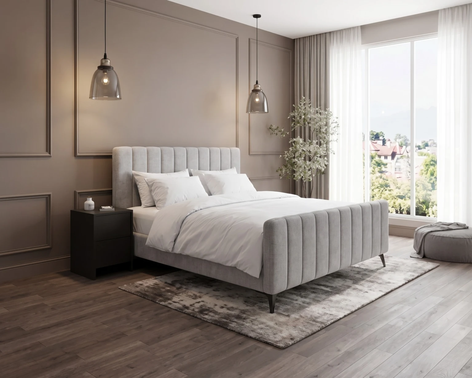 Boxspring Alkmaar in lichtgrijze stof in een slaapkamer