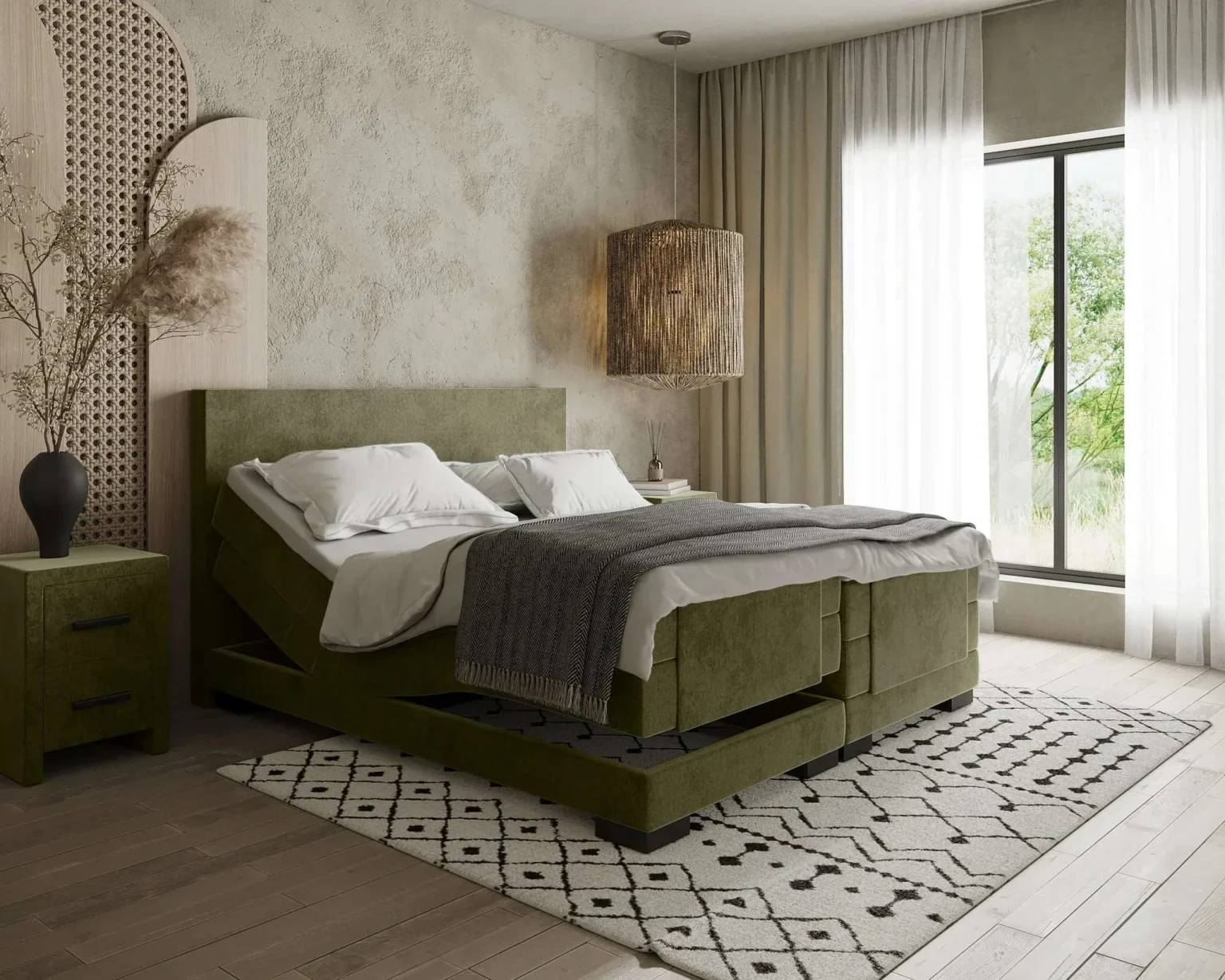 Boxspring Amsterdam in olijfgroene stof in een slaapkamer