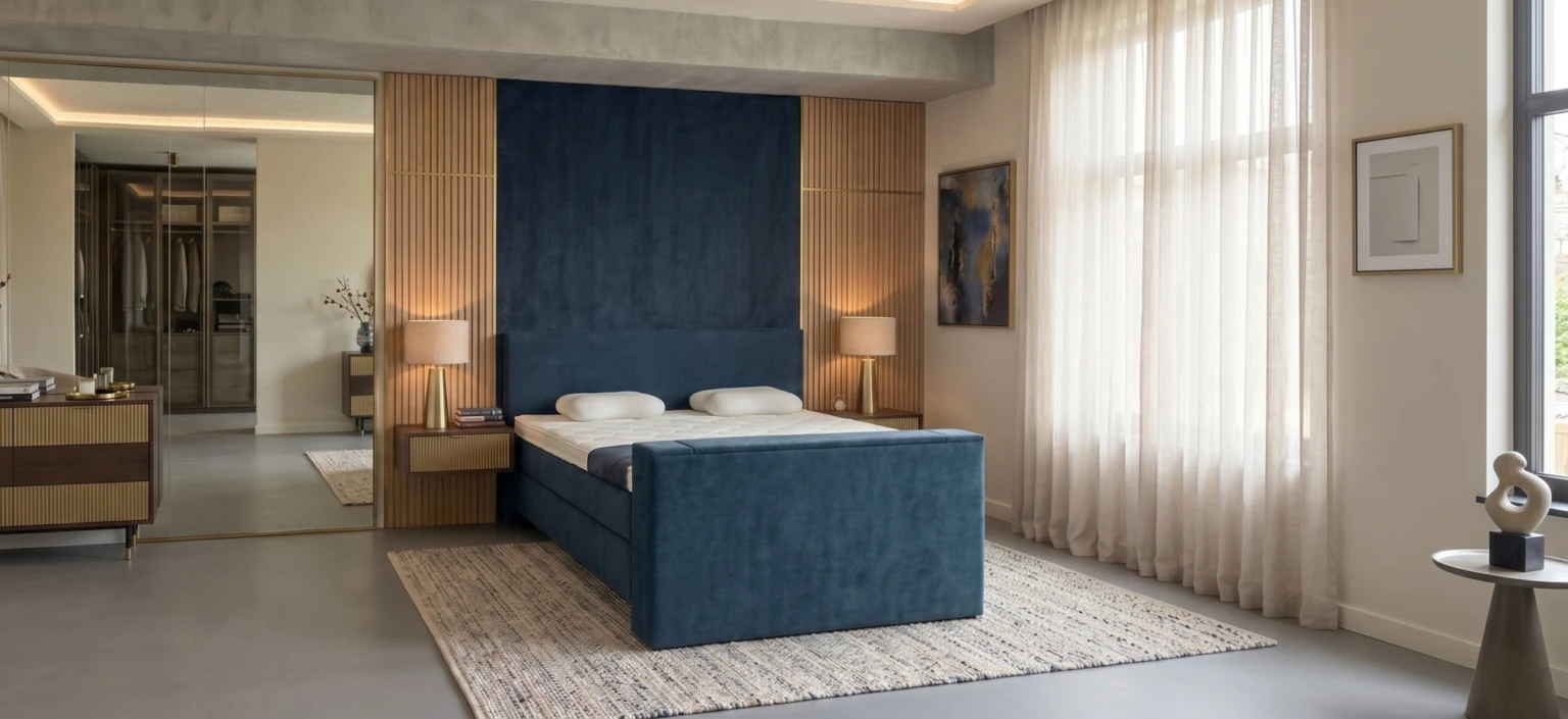 Boxspring Arnhem in blauwe stof in een slaapkamer