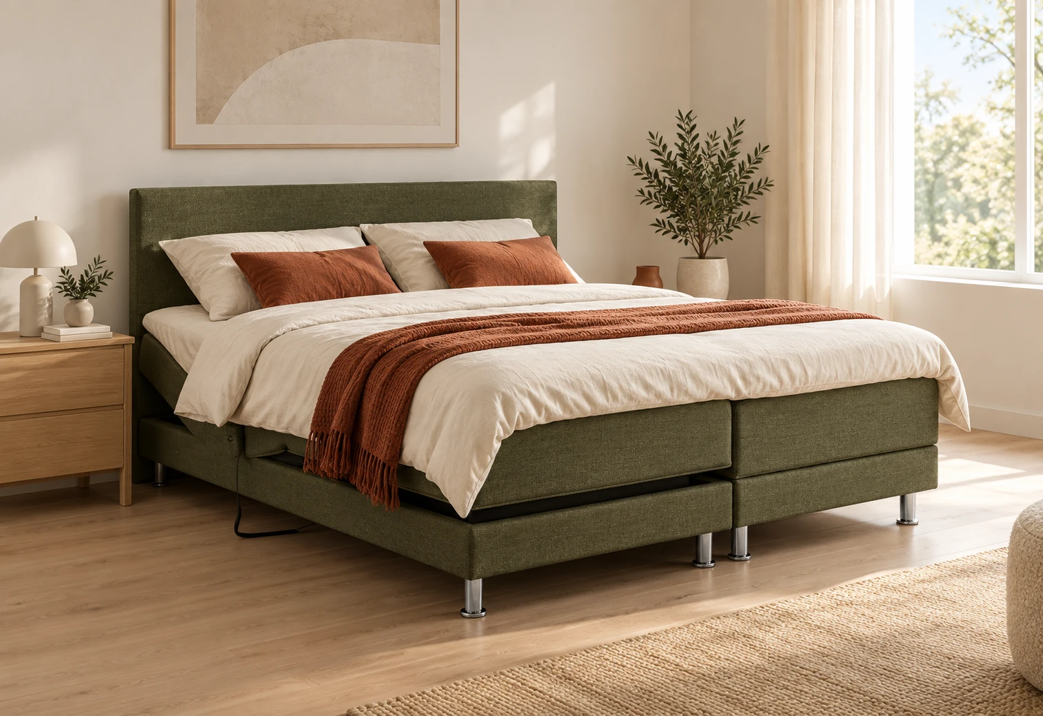 Boxspring Duiven in olijfgroene stof in een slaapkamer