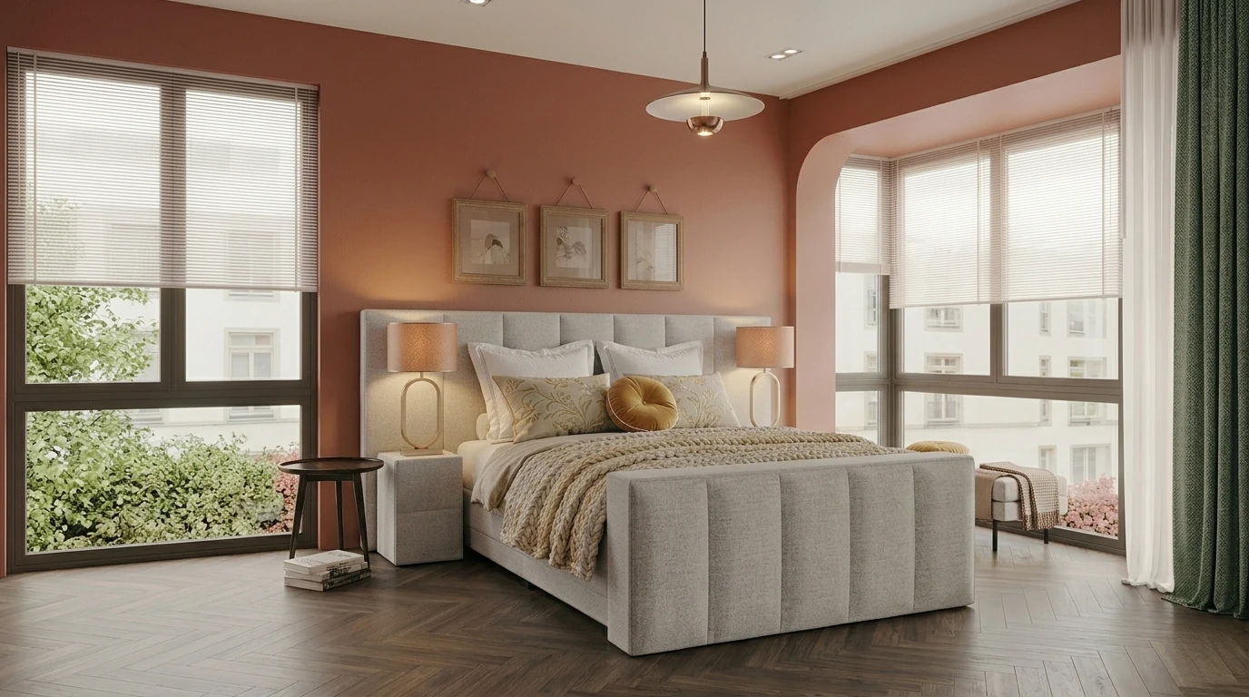 Boxspring Haarlem in beige stof in een slaapkamer