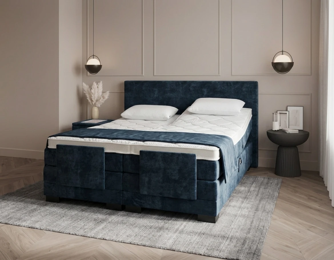 Boxspring Houten in donkerblauwe stof in een slaapkamer