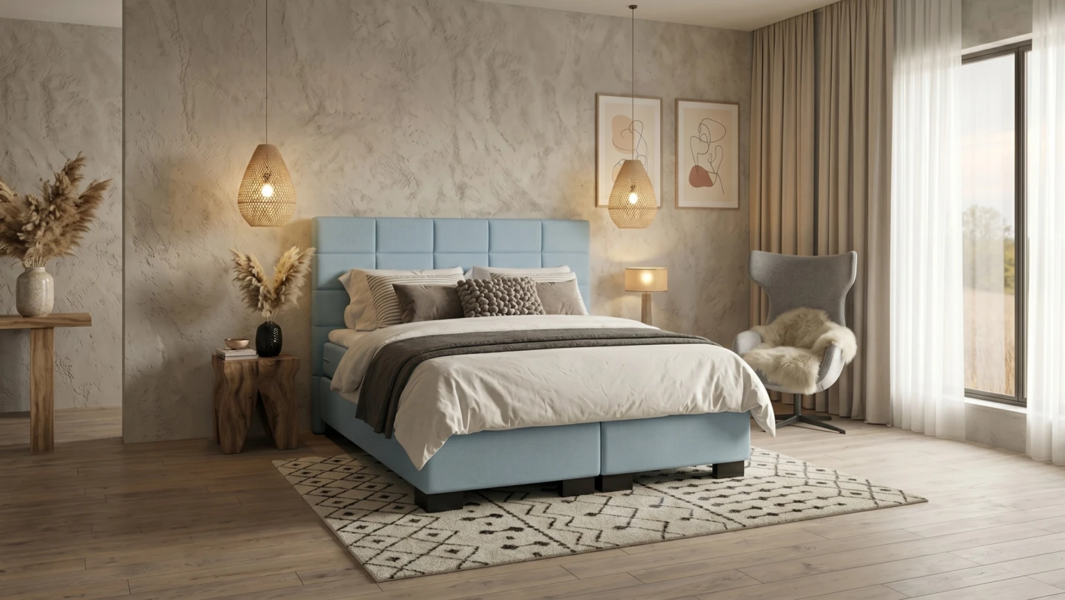 Boxspring Landsmeer in lichtblauwe stof in een slaapkamer