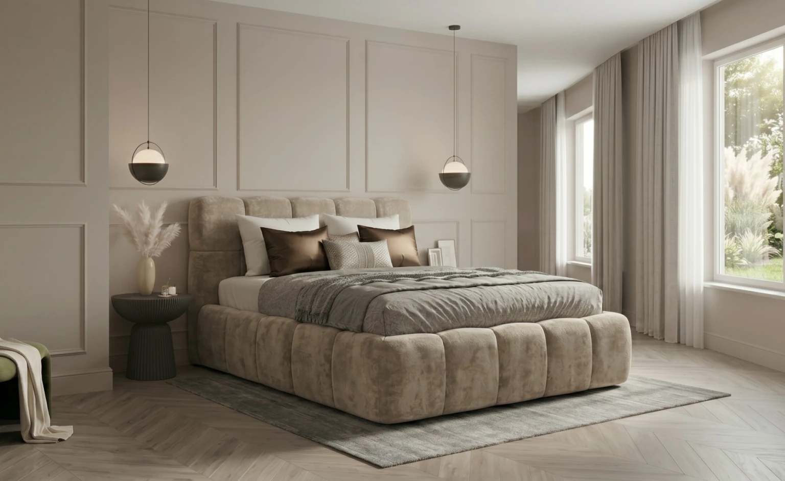 Boxspring Purmerend in taupekleurige stof in een slaapkamer