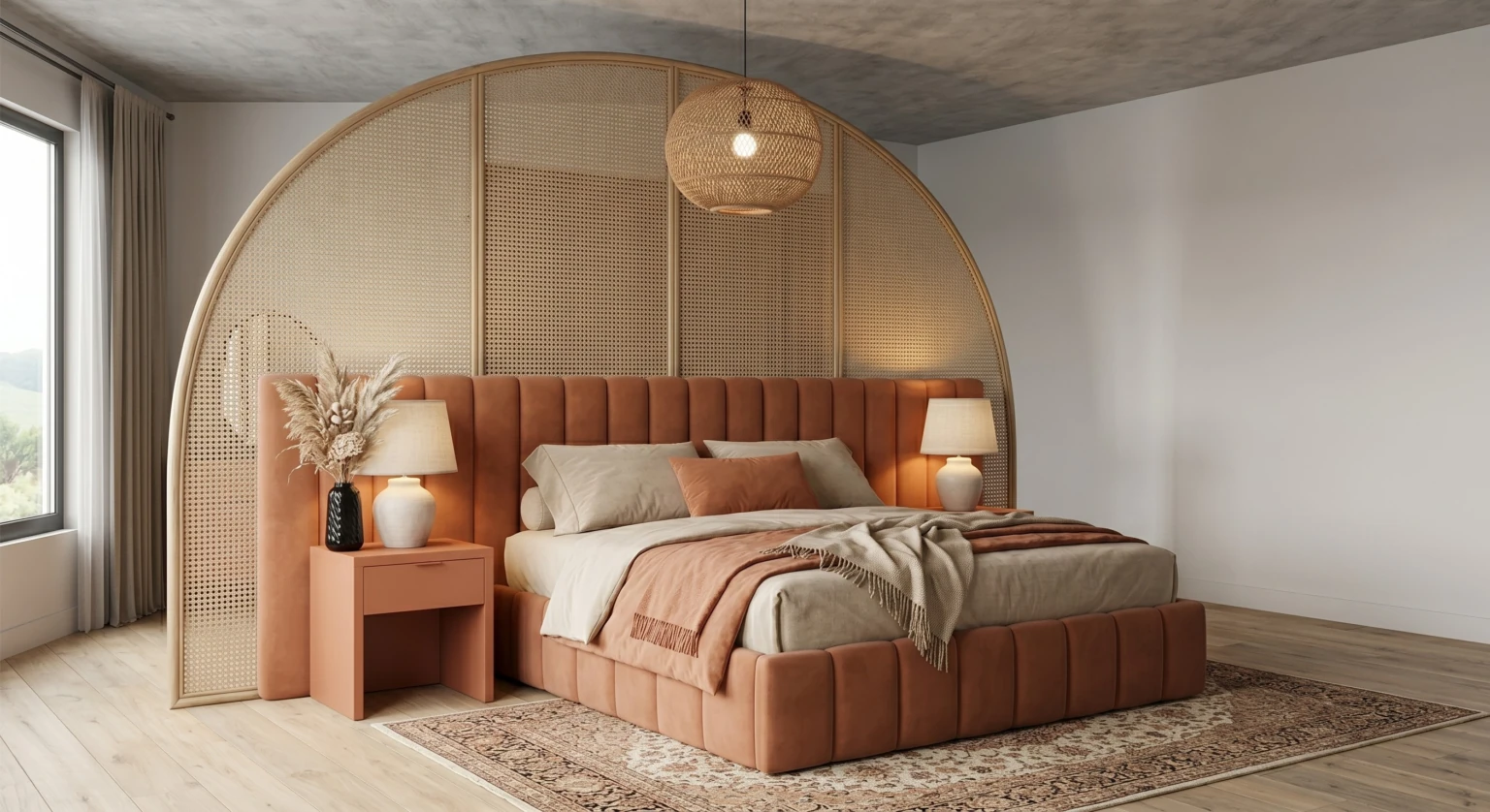 Boxspring Rhenen in terracottakleurige stof in een slaapkamer