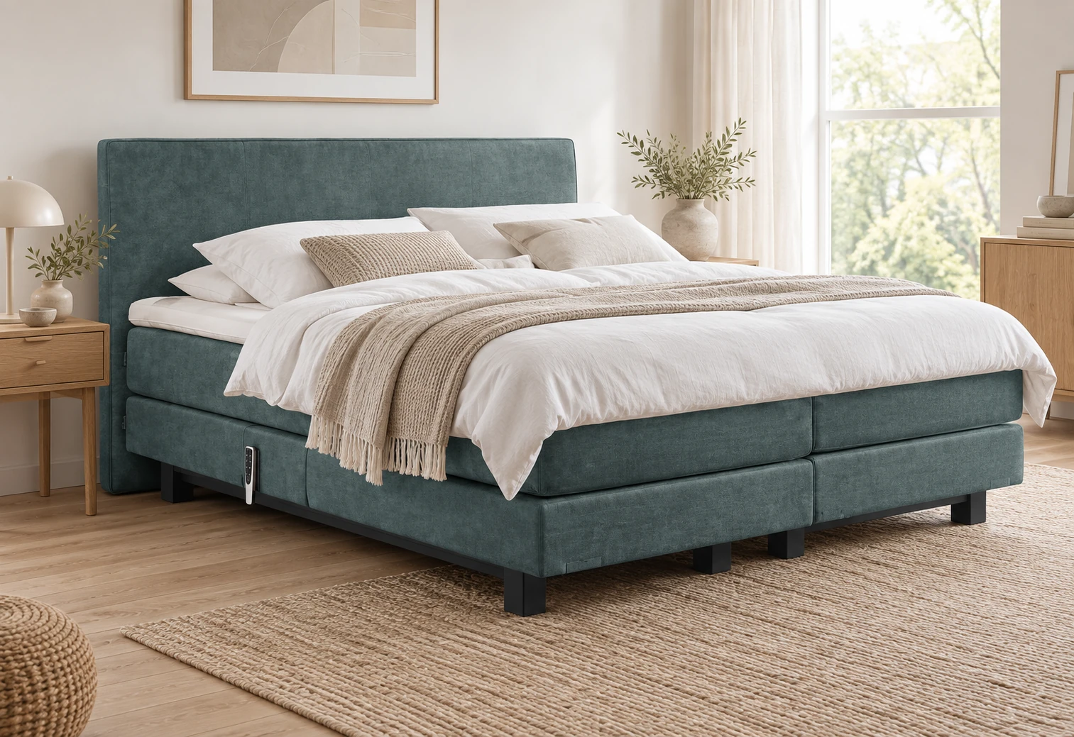 Boxspring Zaandam in petrolblauwe stof in een slaapkamer