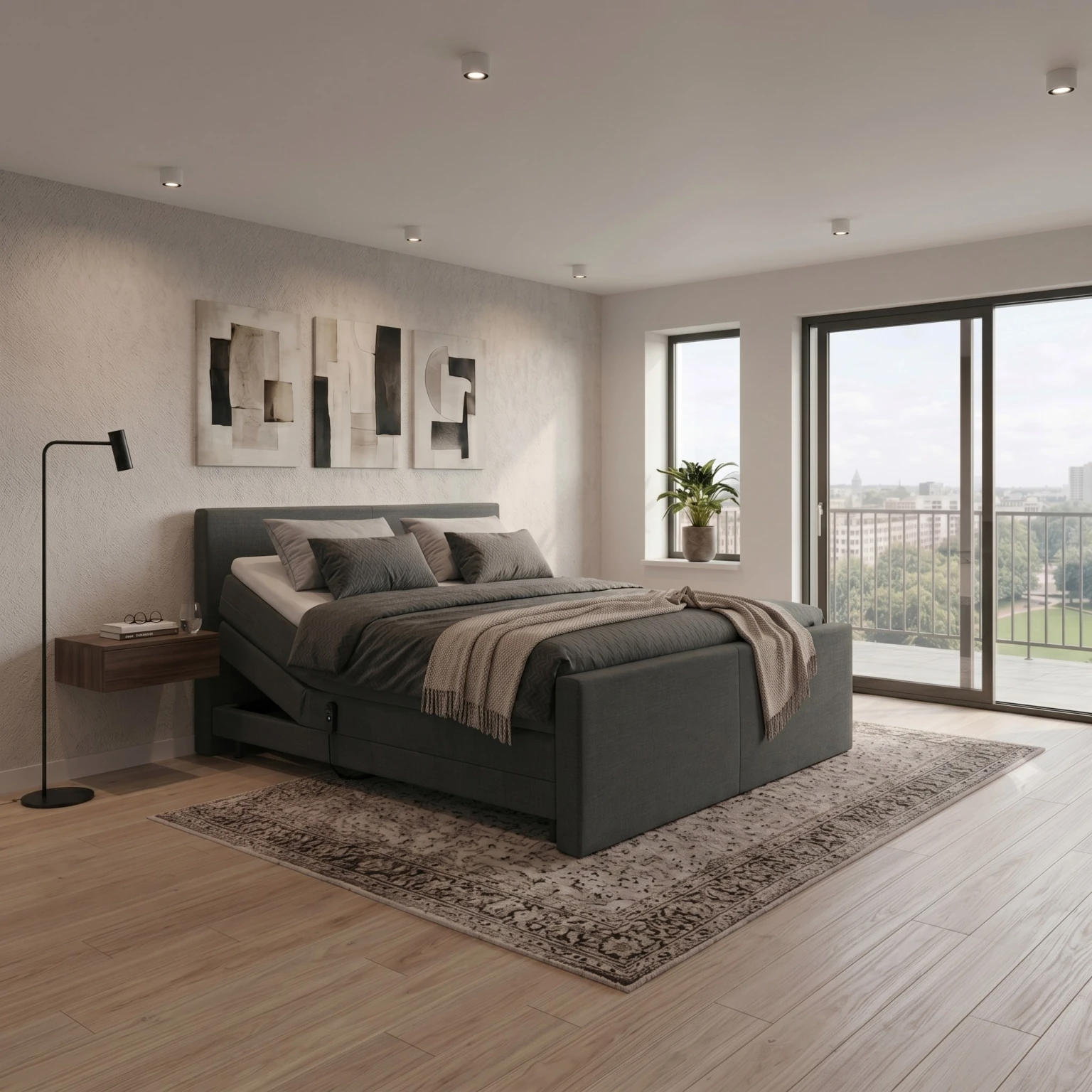 Boxspring Zeist in antracietkleurige stof in een slaapkamer